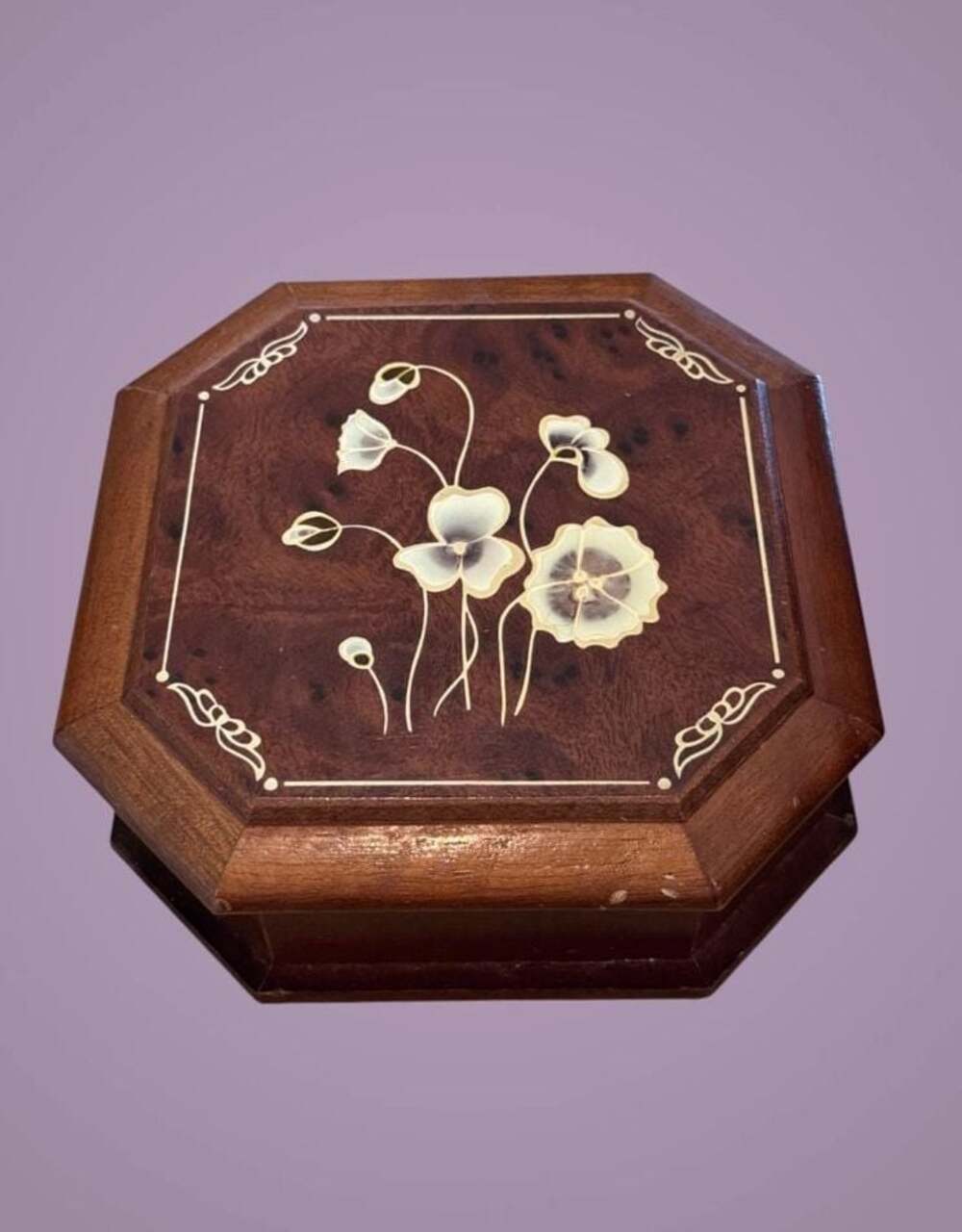 Vintage Octagonal Wood Jewelry Box with Floral Design and Mirror